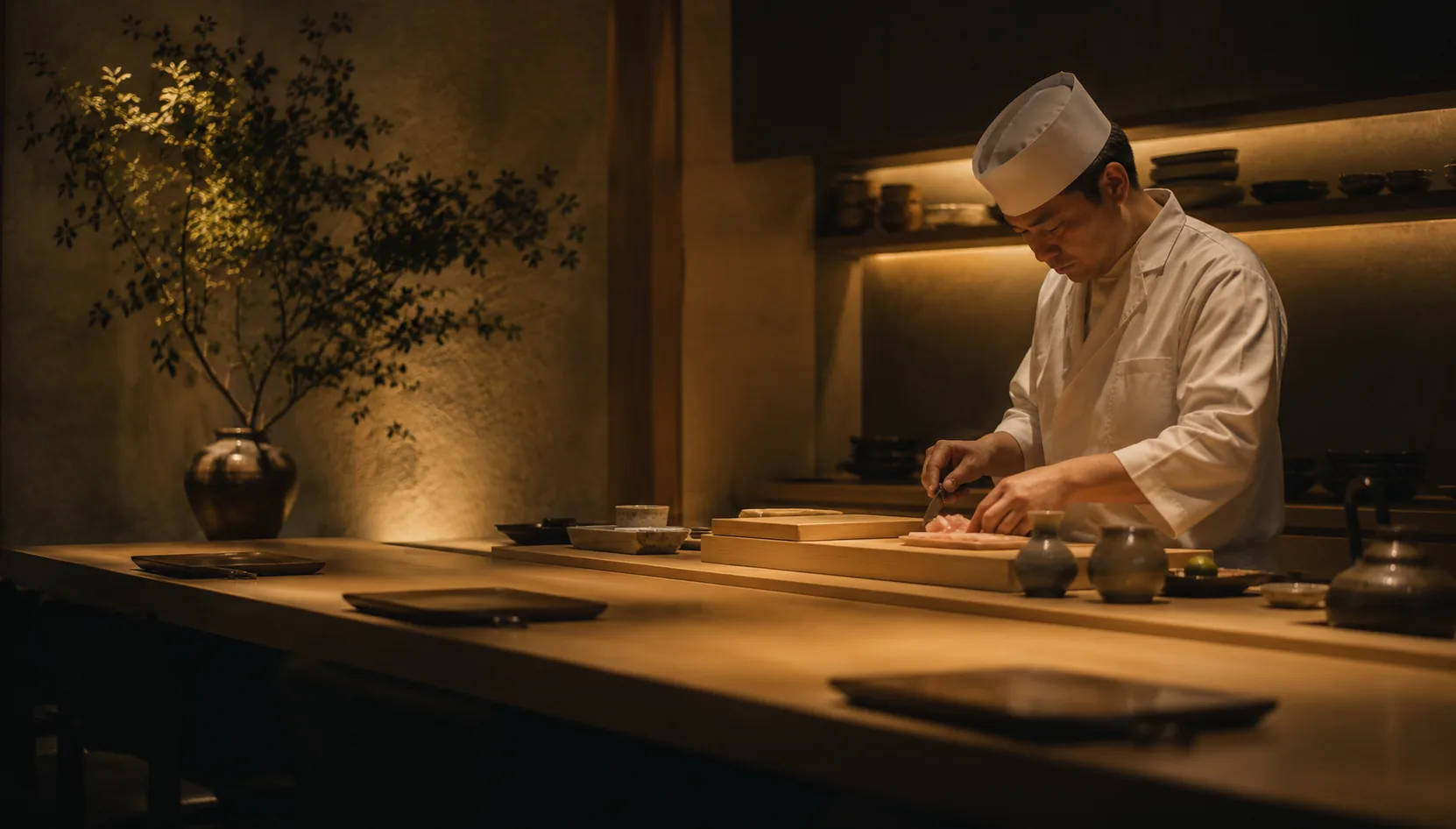 割烹 くら田 主人がカウンターで料理を仕立てる様子