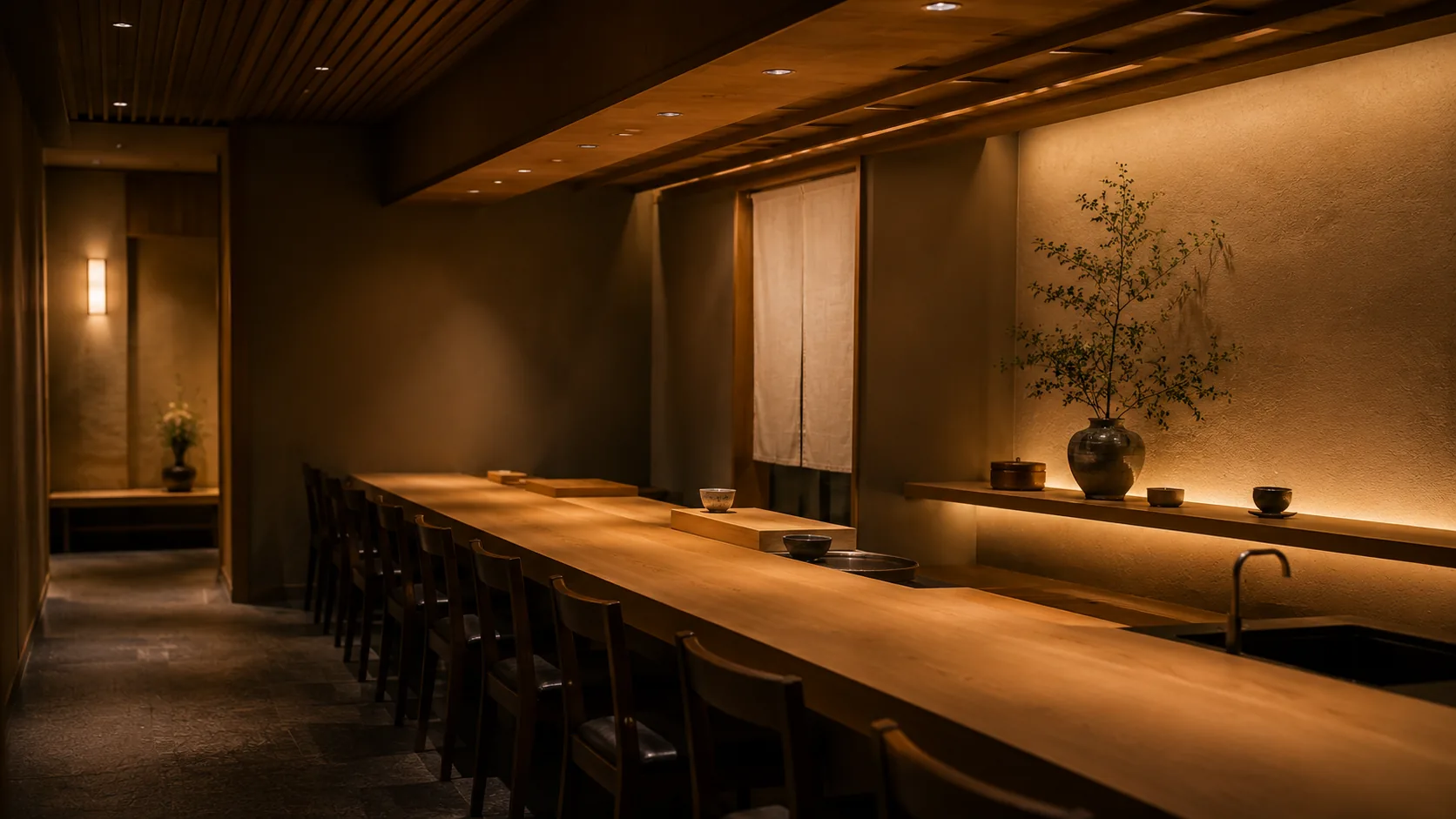 くら田 檜のカウンターと店内